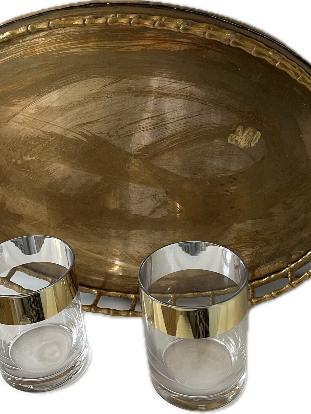 Vintage Brass Bamboo tray MCM and bronze RIM Tumblur by VISKI
